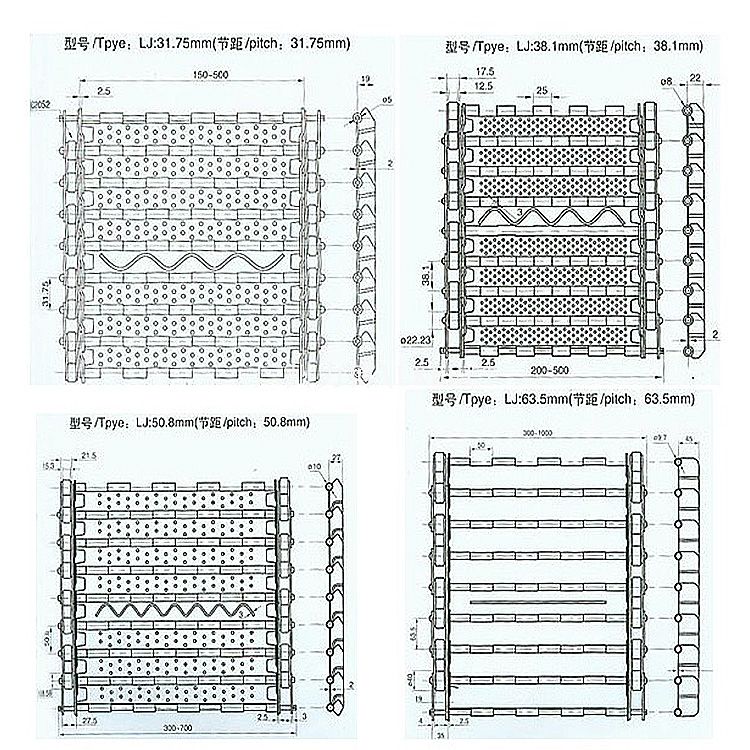 Modular conveyor belt series dimensional drawings