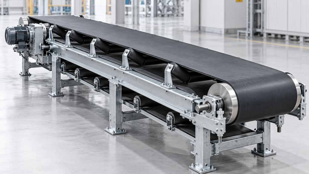 Industrial belt conveyor showing pulleys, carrying rollers, return belt run and steel support frame