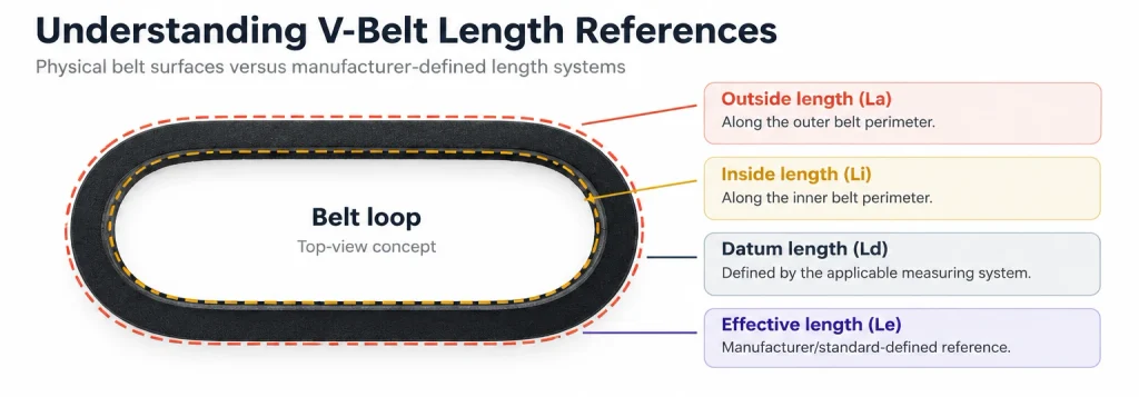 V-belt length reference diagram showing inside, outside, datum and effective length