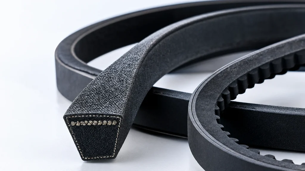 Industrial rubber V-belts showing wrapped and cogged belt constructions