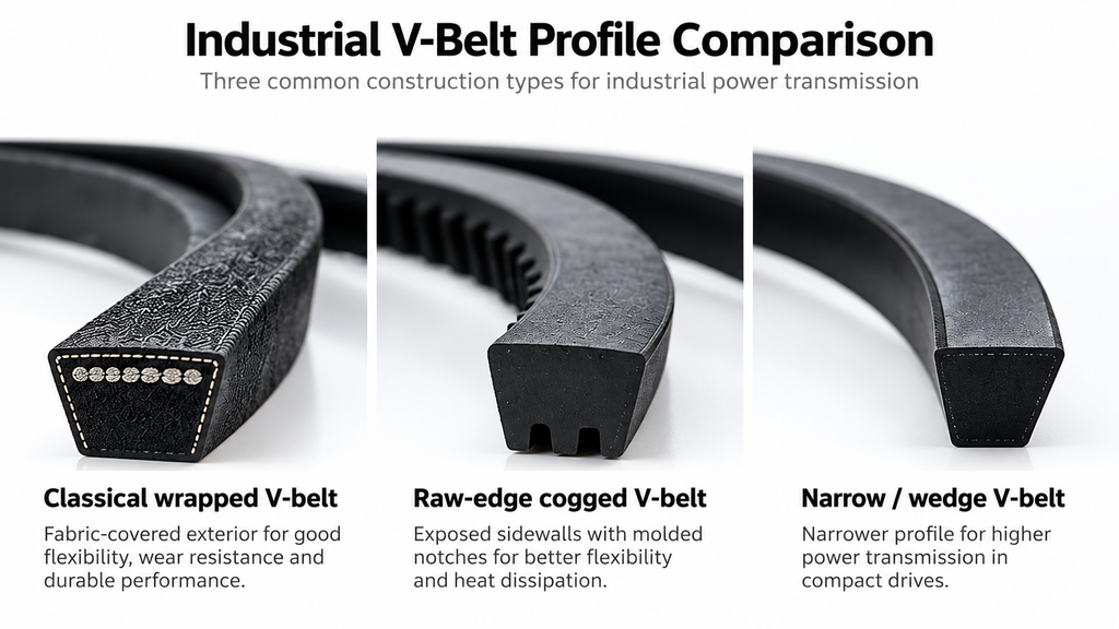 Comparison of classical wrapped, raw-edge cogged and narrow industrial V-belt profiles