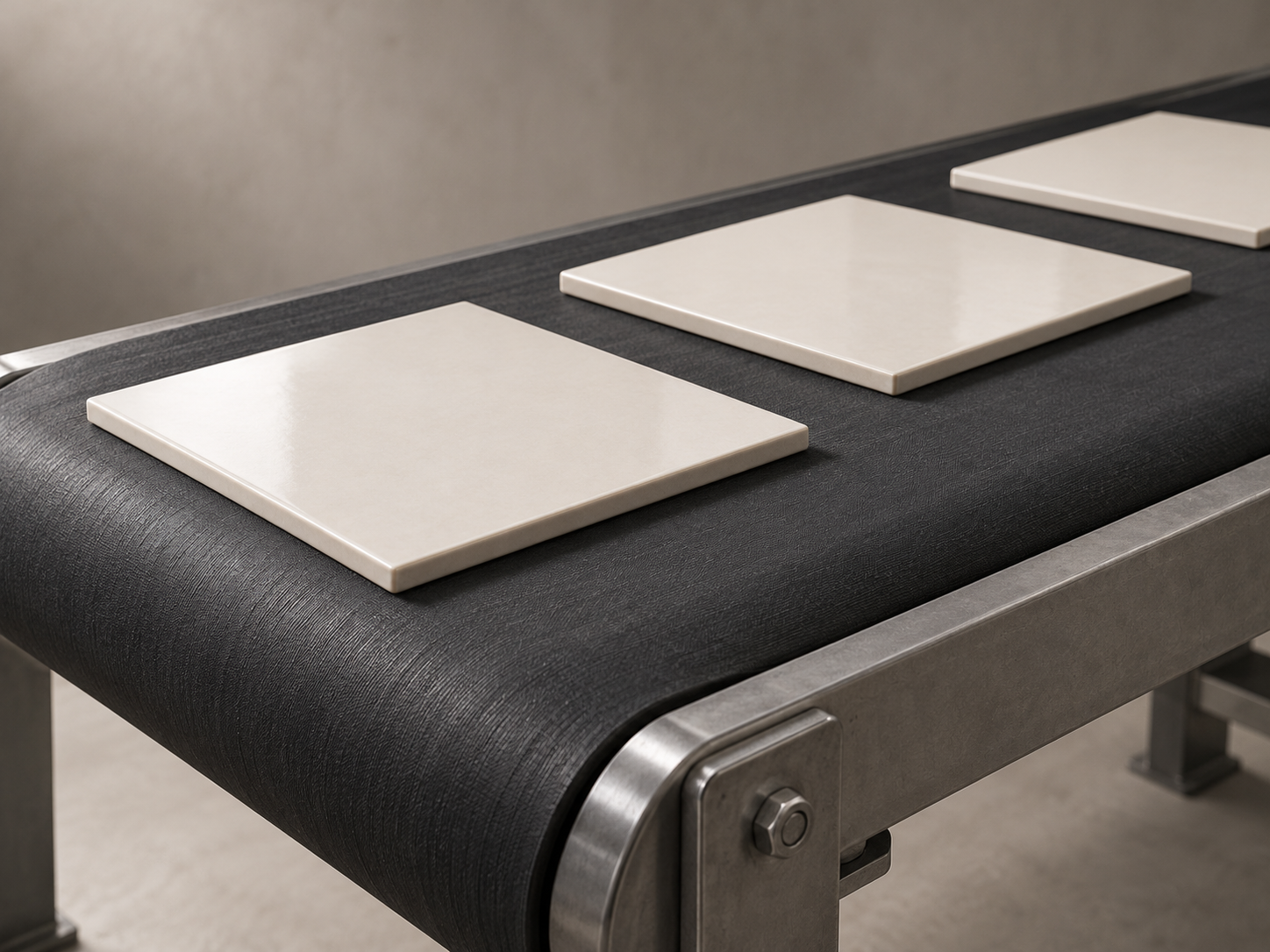 Ceramic tiles on an industrial conveyor belt
