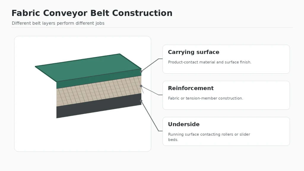 Fabric Conveyor Belt Layer Construction Fabric conveyor belt showing carrying surface, reinforcement and underside layers