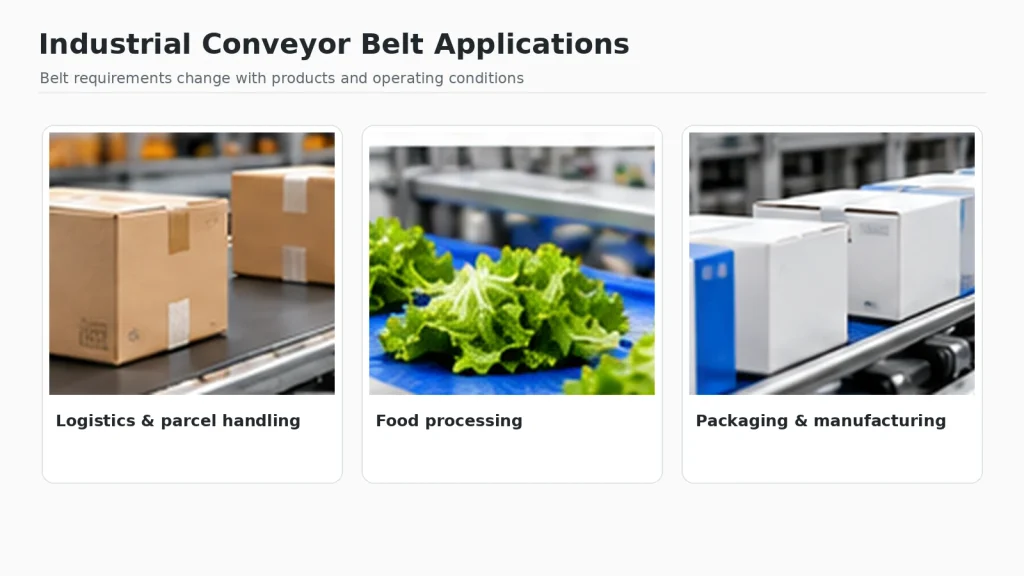 Industrial Conveyor Belt Applications Conveyor belts used for parcel handling, food processing and industrial packaging