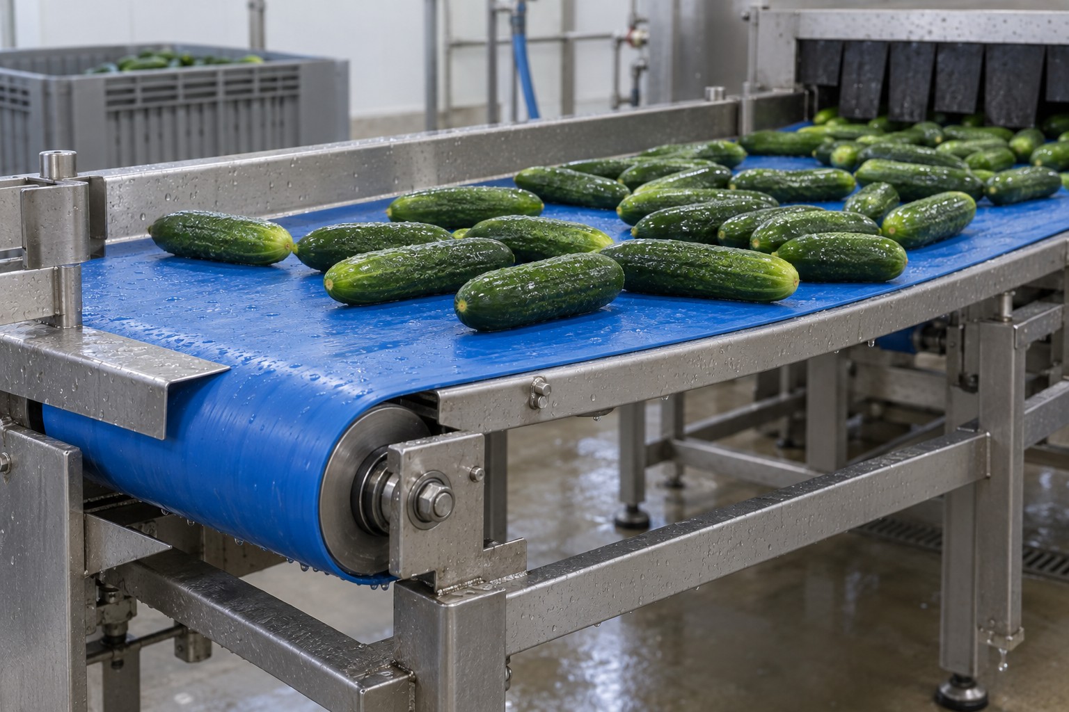 Whole cucumbers carried on a blue belt in a stainless steel food processing line