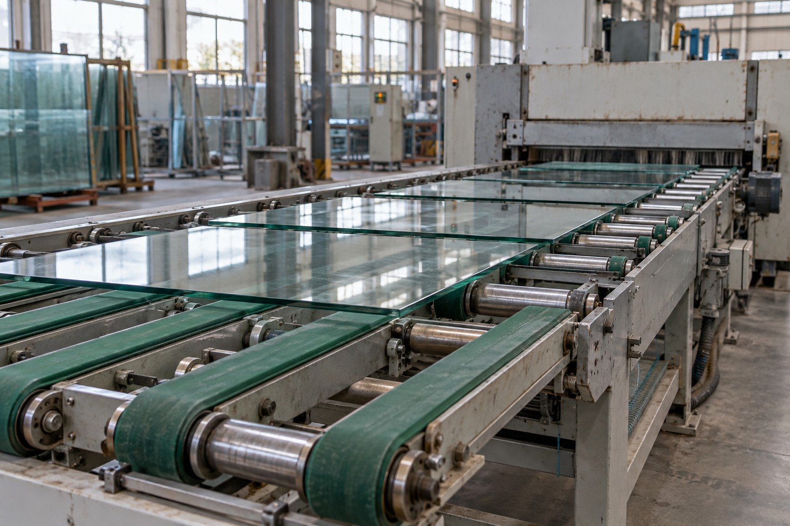 Flat glass sheets supported on green conveyor lanes in a processing workshop