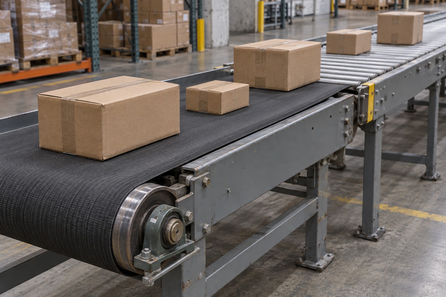 Cardboard parcels on a dark conveyor with a roller transfer in a warehouse