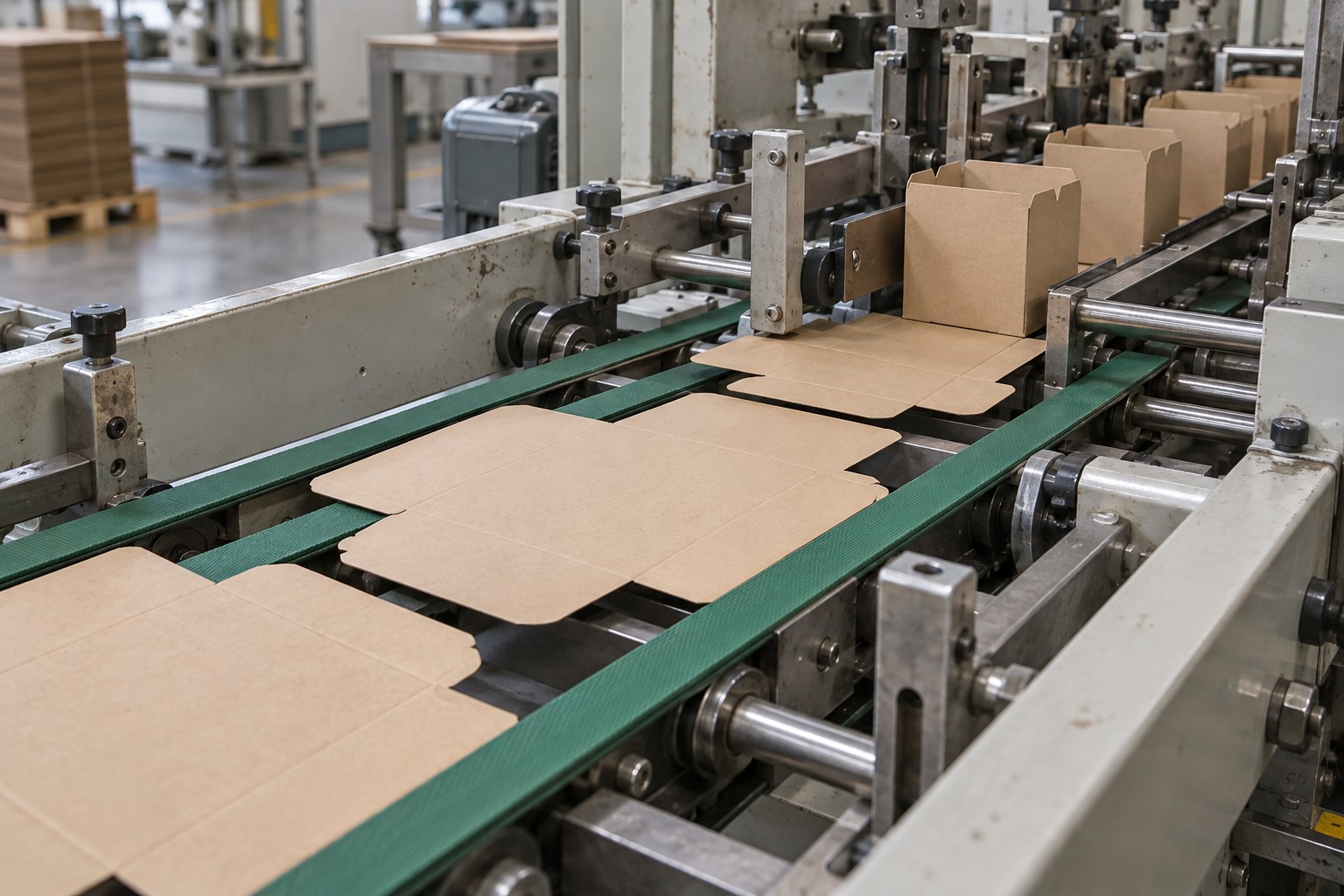 Kraft paperboard blanks fed along green belt tracks in carton folding equipment