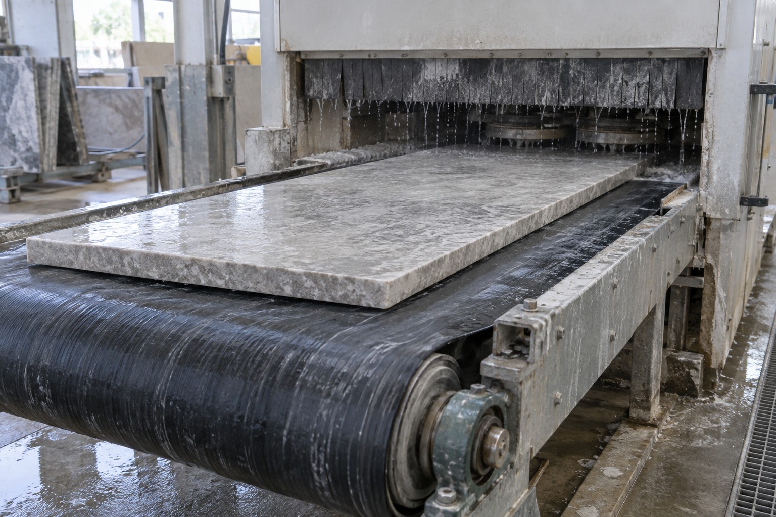 A pale stone slab supported on a broad dark belt at a stone processing machine